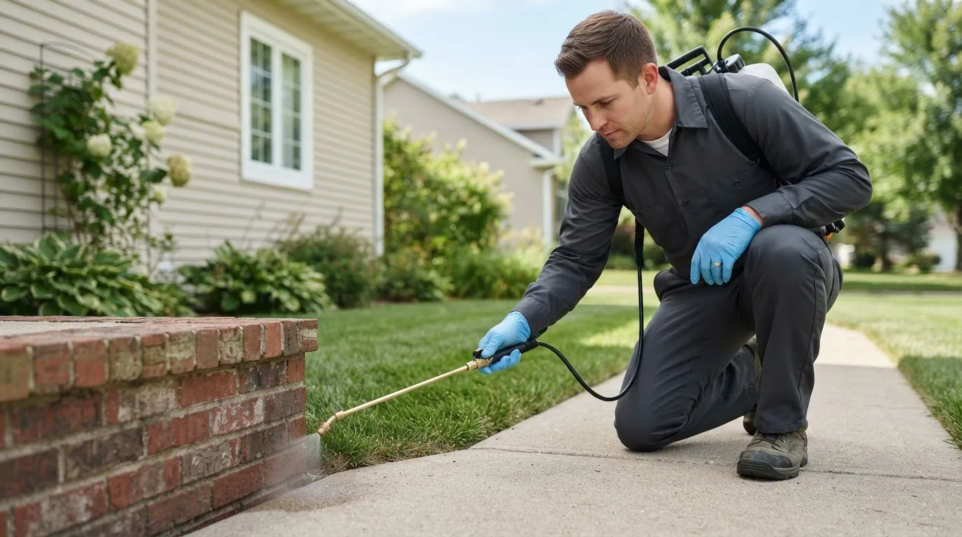 Pest control technician treating a home near Potomac, MD